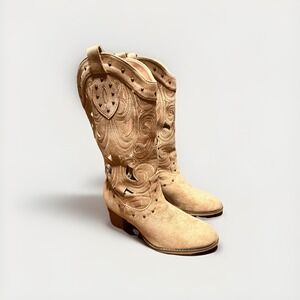Western Suede Boots Womens Size 41 Beige Cutout Block Heel Mid Calf Cowboy Boho